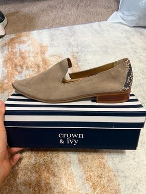 New crown & ivy Taupe Suede Slip-on Loafer with Snakeskin Heel